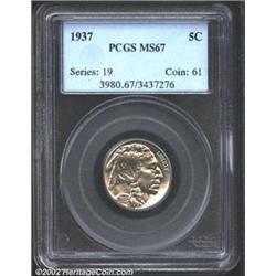 1937 5C MS67 PCGS. Brilliant and highly lustrous with good reverse detail.From the Chesapeake Collec