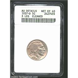 1937-D 5C Three-Legged--Cleaned--ANACS. AU Details, Net XF40. A sharply detailed steel-gray example.
