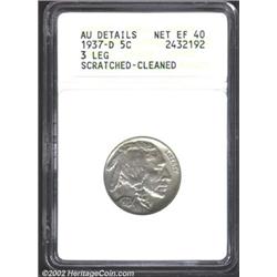 1937-D 5C Three-Legged--Scratched, Cleaned--ANACS. AU Details, Net XF40. Green-gray and lilac patina
