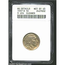 1937-D 5C Three-Legged--Cleaned--ANACS. AU Details, Net XF45. A steel-gray example with a bold strik
