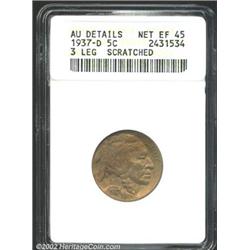 1937-D 5C Three-Legged--Scratched--ANACS. AU Details, Net XF45. Deep orange-brown patina. The revers