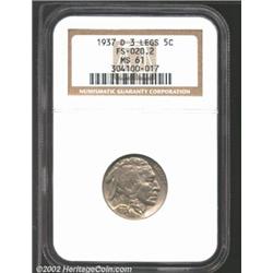 1937-D 5C Three-Legged MS61 NGC. FS-020.2. With exceptionally sharp definition and no bothersome car