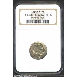 1937-D 5C Three-Legged MS62 NGC. Attractive burnt orange with some crimson iridescence. A good amoun