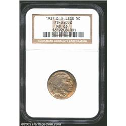 1937-D 5C Three-Legged MS63 NGC. FS-020.2. This Mint State representative is uncommonly attractive f