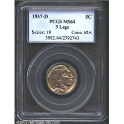 1937-D 5C Three-Legged MS64 PCGS. Excessive die polishing that was meant to remove clashmarks create