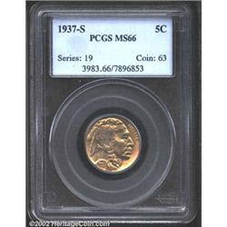 1937-S 5C MS66 PCGS. Even golden hue with a few flashes of light crimson. Well struck for a branch m