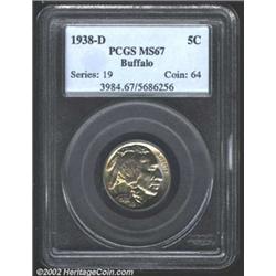 1938-D 5C MS67 PCGS. Lustrous with a very slight burnt orange patination. Exceptionally well struck.