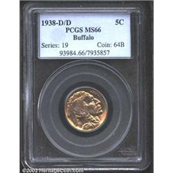 1938-D/D 5C MS66 PCGS. The mintmark is boldly repunched to the left. Golden hues shimmer across the.