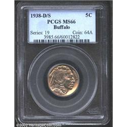 1938-D/S 5C MS66 PCGS. FS-20.5. D/D/D/S-OMM #1. Splendid green-gold and lilac patina. A lustrous Gem