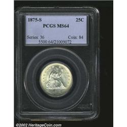 1875-S 25C MS64 PCGS. A highly lustrous and lightly toned Seated Quarter with a razor-sharp strike a