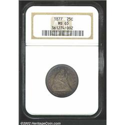 1877 25C MS65 NGC. Lovely electric-blue, gold, green-gray, and mauve patina. A sharply struck and lu