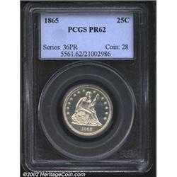 1865 25C PR62 PCGS. Pleasing pearly white patina with a couple of small luster breaks below the eagl