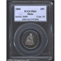 1866 25C PR62 PCGS. Lovely iridescent lilac and crimson toning especially to the obverse right perip