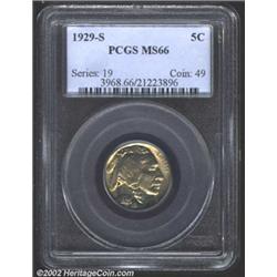 1929-S 5C MS66 PCGS. An attractive golden-hued Nickel. Strong legends and only slight softness in th