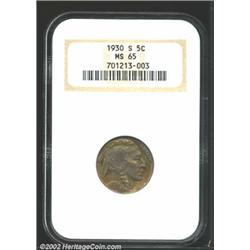 1930-S 5C MS65 NGC. Rich turtle-green and lavender patina. A typical strike in the centers, while th