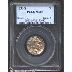 1930-S 5C MS65 PCGS. Golden hued branch mint Nickel with the common soft strike. The legends are str