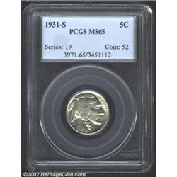 1931-S 5C MS65 PCGS. Faint blue and crimson patina highlights this Gem coin. There are few largely u