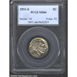 1931-S 5C MS66 PCGS. Milky peripheral apricot patina surrounds the lavender devices. A lustrous Gem.