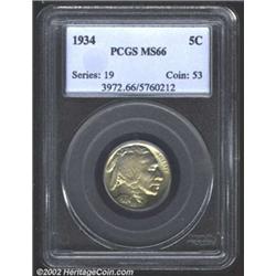 1934 5C MS66 PCGS. Subdued green and red luster on this well preserved Gem. The surfaces are virtual