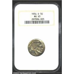 1934-D 5C MS65 NGC. Burnt orange with some violet iridescence along the Bison. Above average strike.
