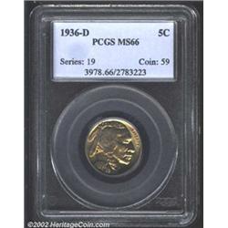 1936-D 5C MS66 PCGS. Scintillating mint luster bursts through warm orange-gold patina. A hint of pow