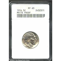 1914 5C PR63 ANACS. Faint yellow-gray patina. A razor-sharp matte proof with lustrous fields and see