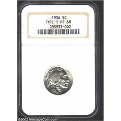1936 5C Type One--Satin Finish PR68 NGC. An unimprovable example of this one-year proof type coin. T
