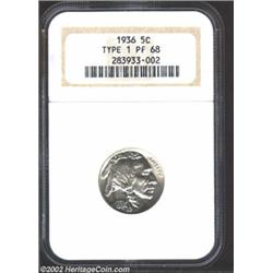 1936 5C Type One--Satin Finish PR68 NGC. An unimprovable example of this one-year proof type coin. T