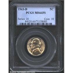 1943-D 5C MS66 Full Steps PCGS. A Six Step Nickel. The light yellow-gold patina is very attractive..