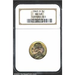 1945-D 5C MS68 NGC. Superbly toned with golden peripheries and steel-blue centers, this immaculate e