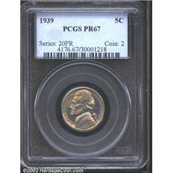 1939 5C PR67 PCGS. The peripheries have milky yellow-green and violet patina. A sharply struck Super