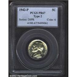 1942-P 5C Type Two PR67 PCGS. A sharply struck Superb Gem that has light gold patina and a tiny toni