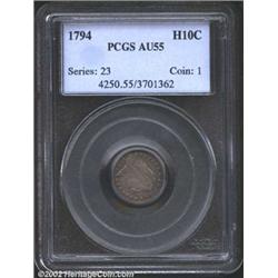 1794 H10C AU55 PCGS. V-2, LM-2, R.5. Smooth, steel gray surfaces with peripheral golden undertones..