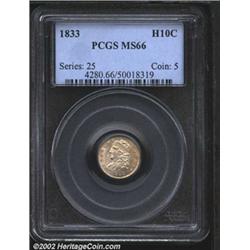 1833 H10C MS66 PCGS. V-7, LM-1, R.3. This is a scarce die marriage of the 1833 Half Dime. Most known