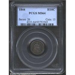 1844 H10C MS64 PCGS. Rich golden-brown, sea-green, and violet patina. A well struck and mildly proof