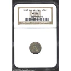 1853 H10C No Arrows MS66 NGC. Deep lemon-gold and orange-tan patina. A well struck Gem with mildly p