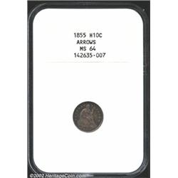 1855 H10C Arrows MS64 NGC. The obverse has deep sea-green and violet colors, while the reverse has i