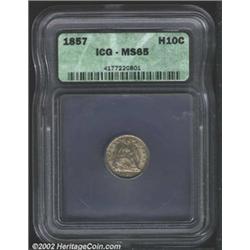 1857 H10C MS65 ICG. Dusky silver-gray and golden-brown patina. An unabraded Gem with pleasing luster