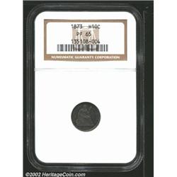 1873 H10C PR65 NGC. Rich aqua-blue and rose-orange patina. The strike is razor-sharp, and the surfac