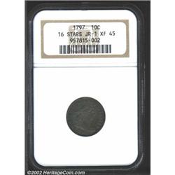 1797 10C 16 Stars XF45 NGC. JR-1, R.4. One of two varieties of bust dimes known for this date, both.