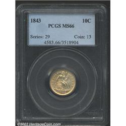 1843 10C MS66 PCGS. Greer-102. There is minor repunching at the top of the 3 in the date. Rippling m