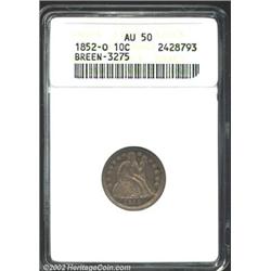 1852-O 10C AU50 ANACS. Breen-3275. The 1 in the date is high, and the peak touches the rock above. T