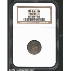 1852-O 10C MS65 NGC. Using one obverse and two reverse dies, the New Orleans Mint delivered 430,000.