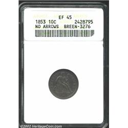 1853 10C No Arrows XF45 ANACS. Breen-3276. Greer-102, "somewhat scarcer." Deep mauve-gray patina. Sh