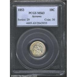 1853 10C Arrows MS63 PCGS. Pale silver surface with scattered spots of lavender toning in the obvers