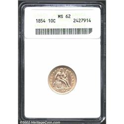 1854 10C Arrows MS62 ANACS. Bright, with a hint of golden color. Minimally abraded for the grade wit