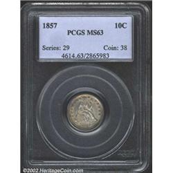 1857 10C MS63 PCGS. Semi-lustrous, light gray surfaces with areas of darker gray and russet toning b