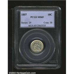 1857 10C MS65 PCGS. The left side stars are somewhat softly struck, but the devices are bold. A bril