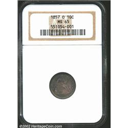 1857-O 10C MS65 NGC. Large O. The more common of the two known mintmark varieties of the '57-O Dime,