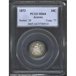 1873 10C Arrows MS64 PCGS. Appealing pastel toning withering from icy steel to yellows, reds, and fi